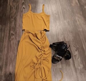 Mustard Yellow Two-Piece Set with Black Sandals